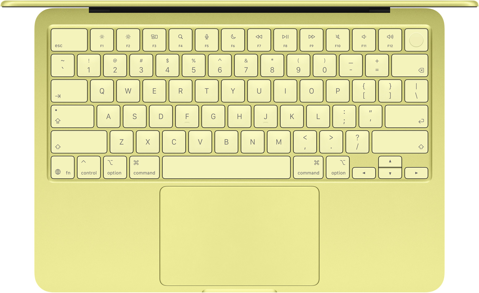 Bovenaanzicht van MacBook Neo in de kleur citrus, toetsenbord met rij functietoetsen van volledige grootte, Touch ID-knop, trackpad