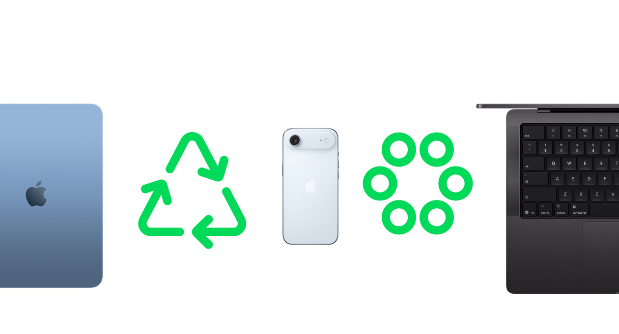 Achterkant van iPad Air, blauw, recycling-symbool in groen, achterkant van iPhone Air, symbool van groene circulaire materialen, MacBook Pro-toetsenbord, gedeeltelijk zichtbaar