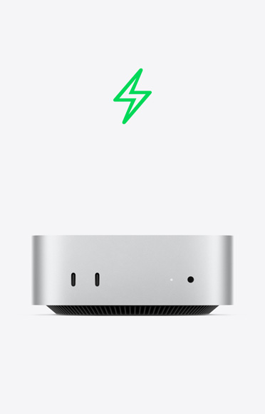 Symbool van een groene bliksemschicht, voorkant van Mac mini, twee USB‑C-poorten, statuslampje