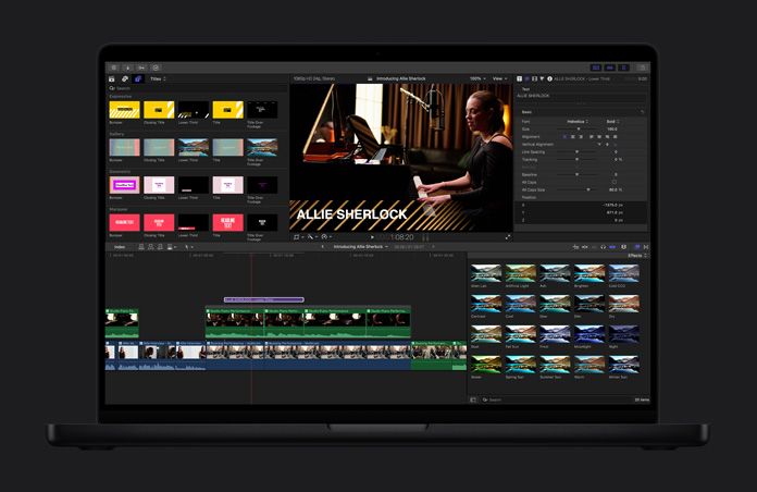 MacBook Pro 16, Music video edit showing range of titles and effects available, title reads Allie Sherlock