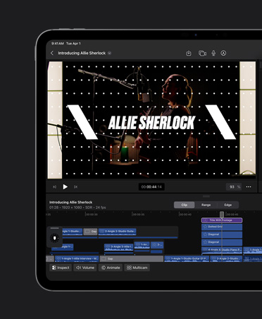 iPad Pro 13, Music video edit with titles superimposed on image, tools for choosing font colours and layout, title reads Allie Sherlock
