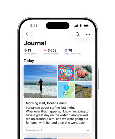 Journal app open to daily journal entry, pictures of a beach day and text about dreams on iPhone