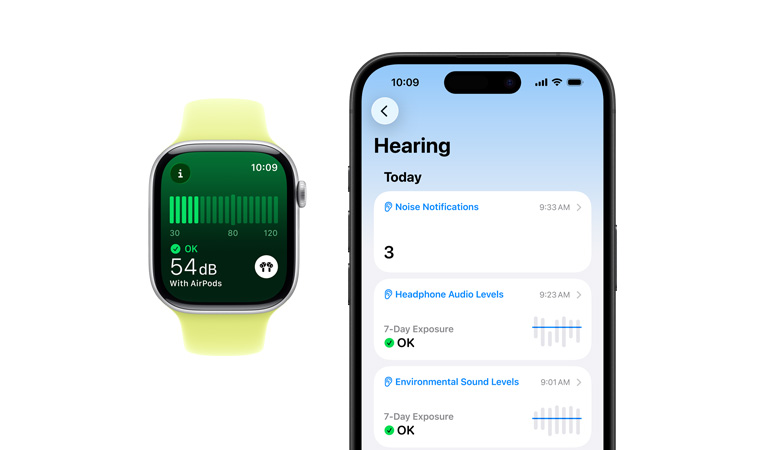 Apple Watch Series 11, cassa in alluminio color argento, app Rumore, cinturino sport giallo neon, riepilogo giornaliero dettagliato della sezione Udito su un iPhone abbinato