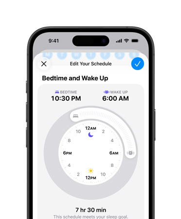 iPhone, app Salute aperta sugli orari impostati per il riposo, l’orario per andare a dormire è impostato alle 22:30, quello della sveglia alle 6:00, quadrante a raggiera al centro del display, obiettivo di sonno di 7 ore e 30 minuti raggiunto