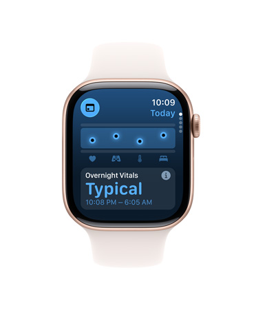 Apple Watch Series 11, cassa in alluminio color oro rosa, app Parametri Vitali, grafico con riepilogo dei dati sanitari, notifica su parametri notturni che rientrano negli intervalli tipici, sul lato destro: Digital Crown, cinturino Sport rosa fard