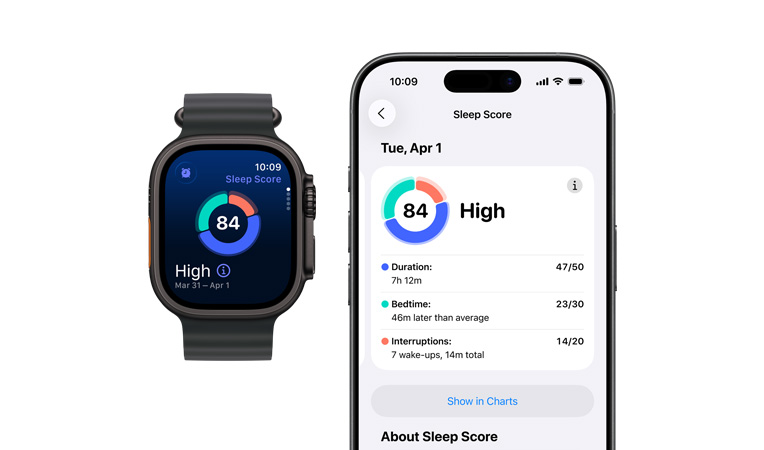 Apple Watch Ultra 3, cassa in titanio, colore nero, grafico circolare e valutazione del punteggio del sonno, lato sinistro, tasto Azione, lato destro, Digital Crown, tasto laterale, cinturino Ocean, colore nero, analisi completa del sonno aperta sull’iPhone abbinato