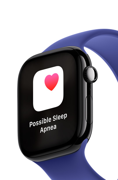 En Apple Watch-skærm viser en notifikation om søvnapnø med appen Søvnapø.