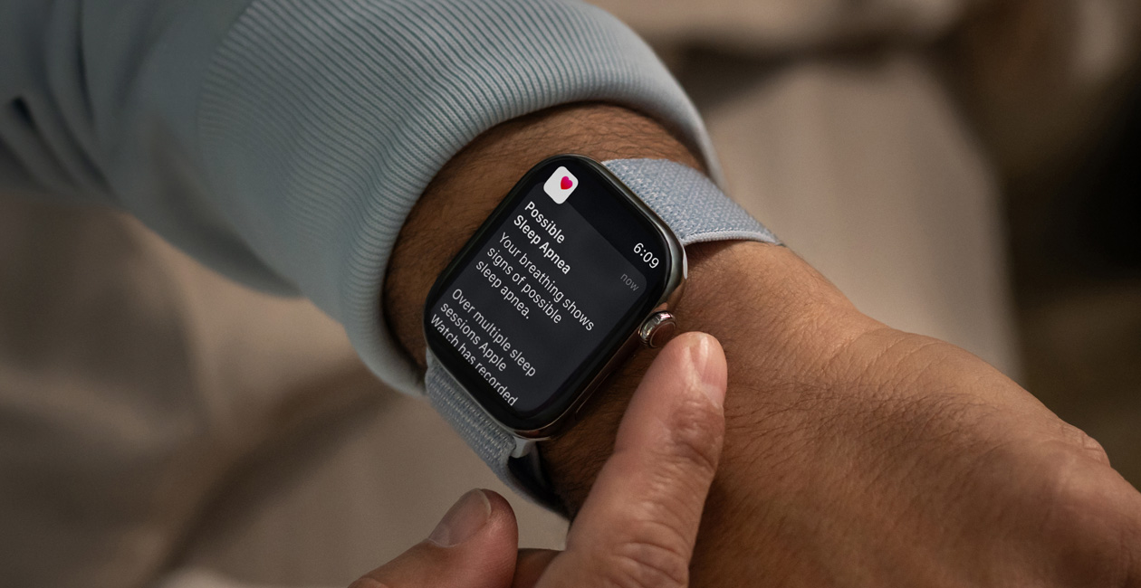An Apple Watch displaying a notification for "Possible Sleep Apnea."