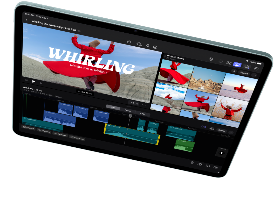 iPad Air i vandret position, der viser videoredigering i Final Cut Pro