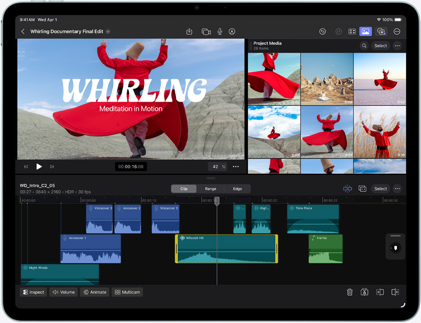 iPad Air, vist forfra, viser videoredigering i Final Cut Pro