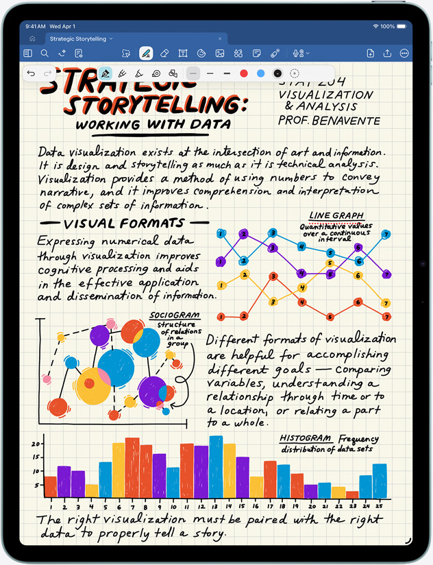 iPad Air i lodret position med noter og billeder på skærmen