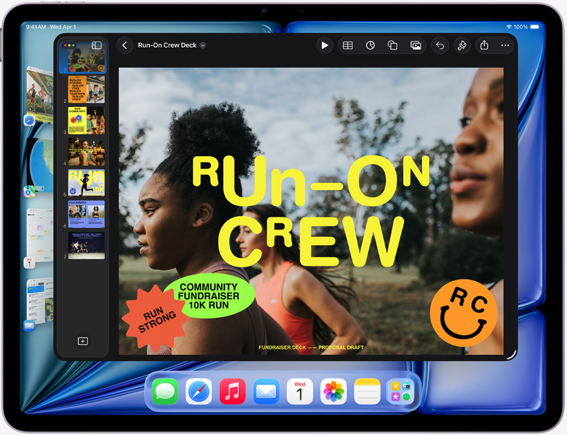 iPad Air i vandret position, skærmen viser en Keynote-præsentation