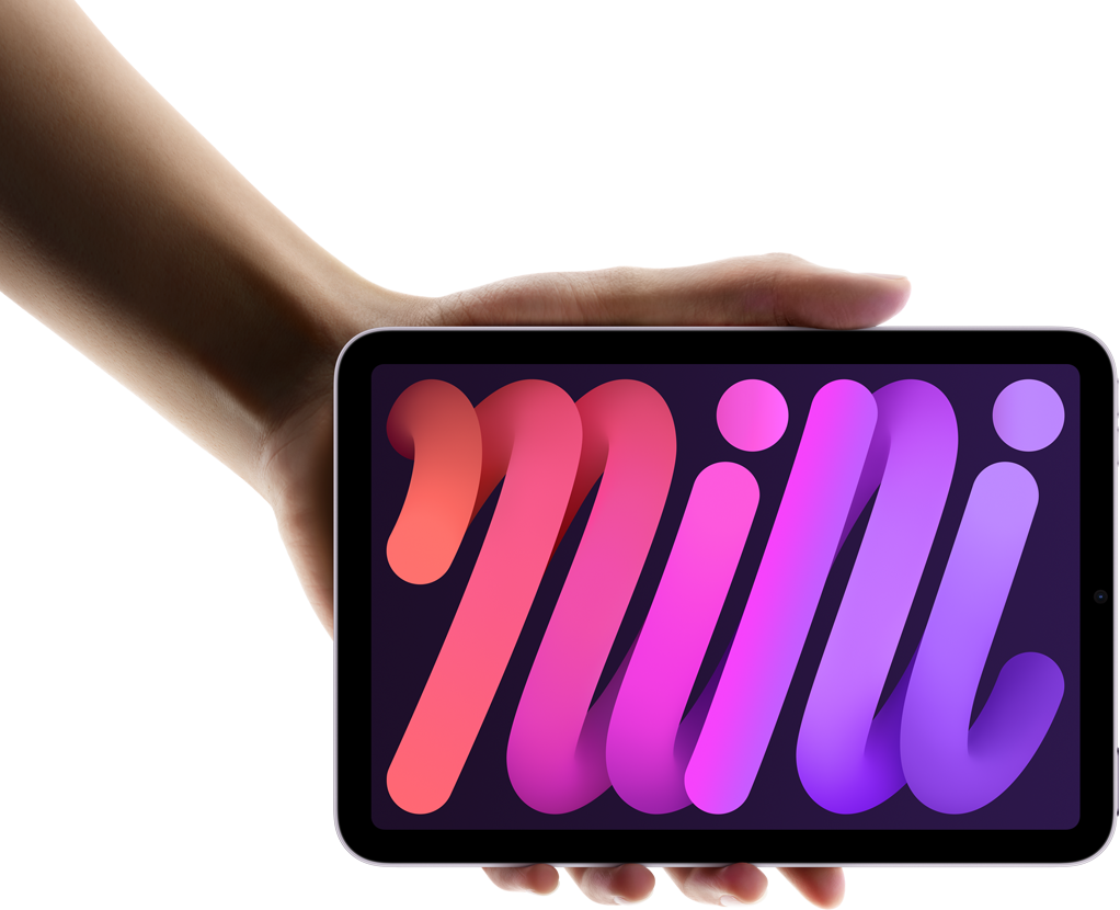 Mão a segurar um iPad mini na horizontal para mostrar o formato compacto e a portabilidade.
