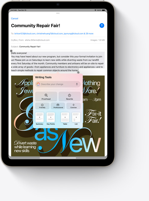 iPad mini a mostrar as ferramentas de escrita na app Mail, uma nova funcionalidade da Apple Intelligence.