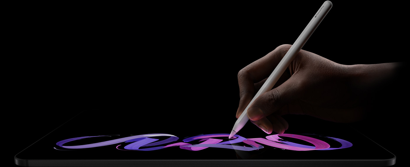 iPad Pro, front exterior, landscape orientation, side profile, space black colour, hand holding Apple Pencil Pro, white colour, drawing abstract purple and pink design on display