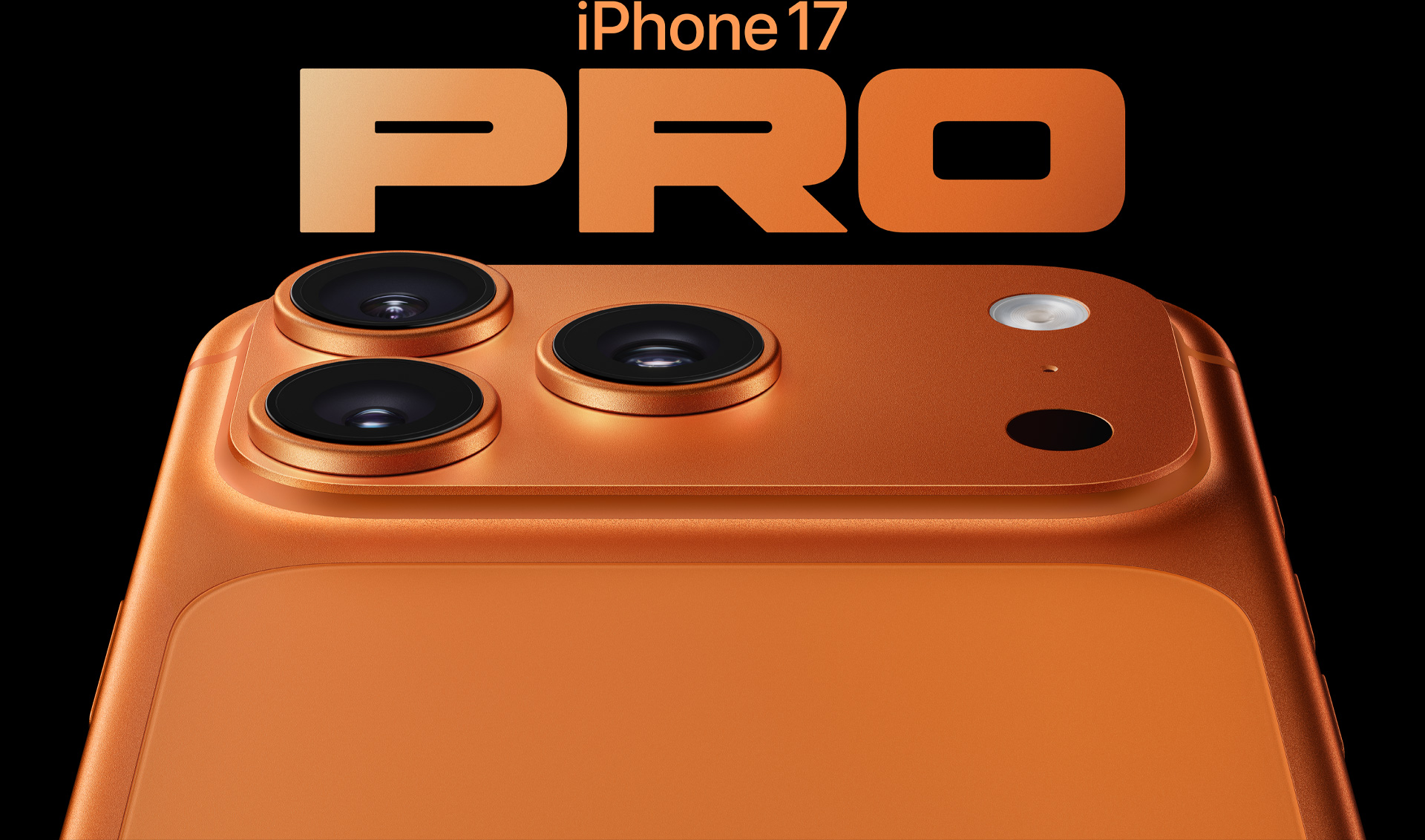 „iPhone 17 Pro“, kosminė oranžinė spalva, iš dalies matoma galinės pusės išorinė dalis, profesionali kamerų sistema viršutiniame kairiajame kampe, 3 objektyvai, mikrofonas, blykstė