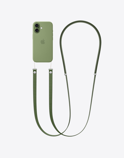 iPhone 17 mostrato da dietro, custodia verde, tracolla verde agganciata