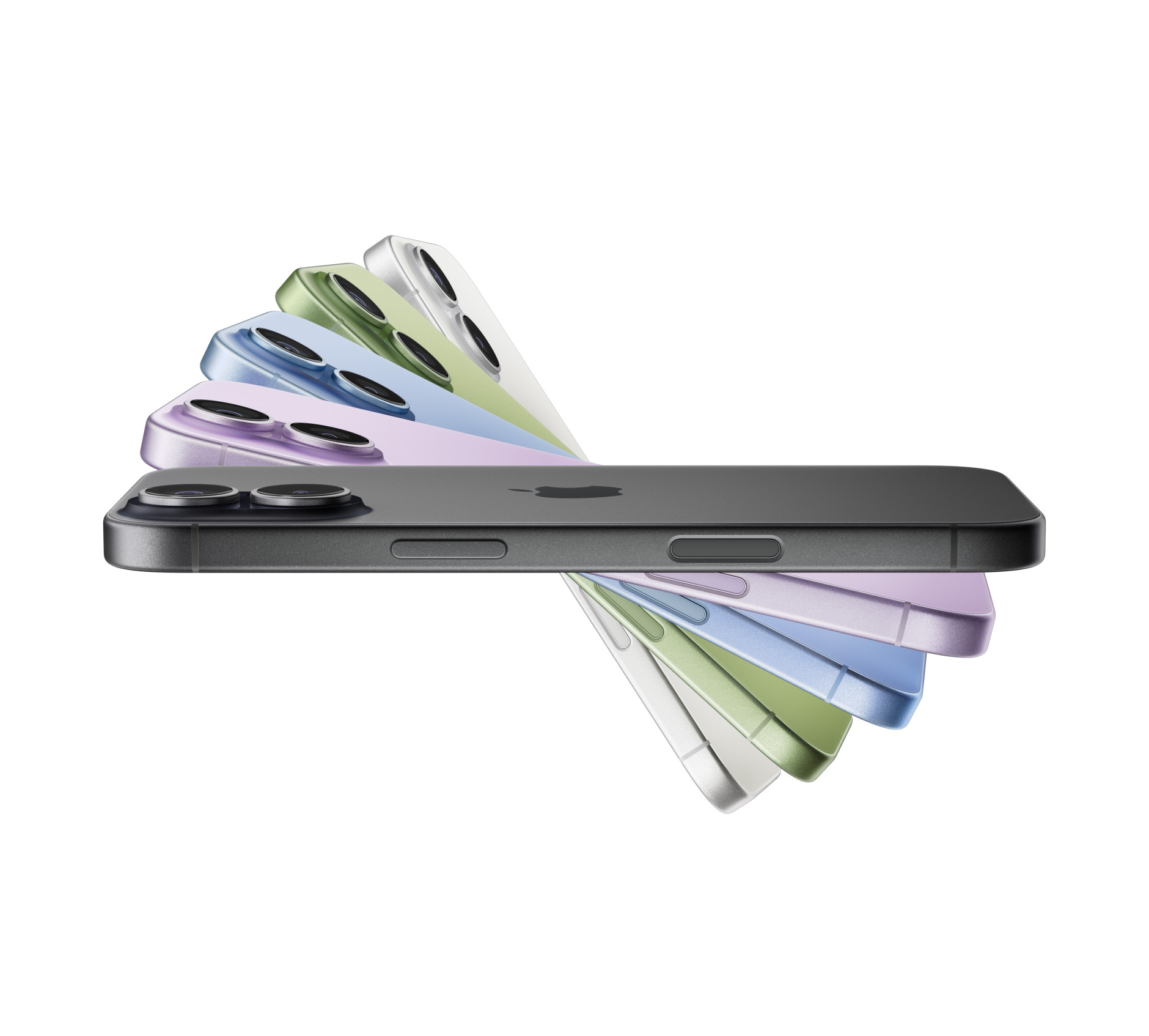 iPhone 17 disposti a ventaglio nei colori: nero, lavanda, azzurro nebbia, salvia, bianco