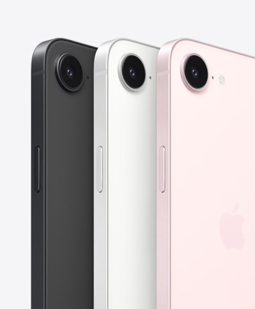 iPhone 17e, side and back exterior, black colour, side and back exterior, white colour, side and back exterior, soft pink colour, Fusion camera at top, side button