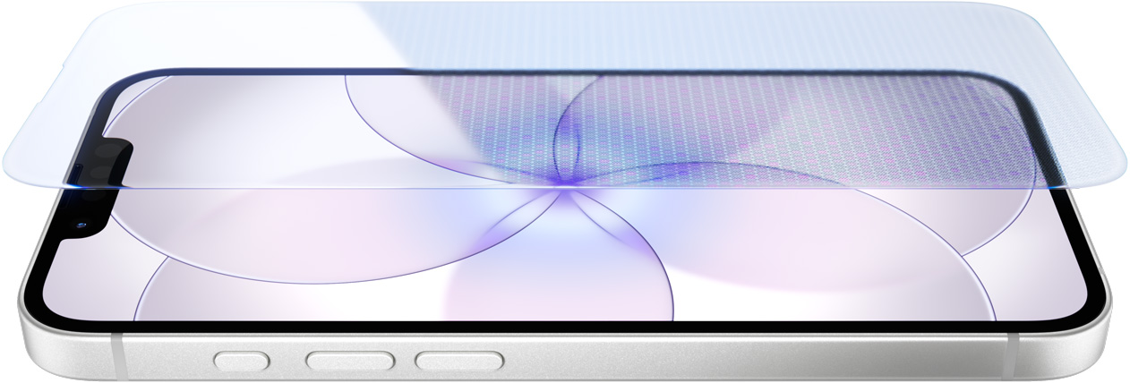 En iPhone 17e i fargen hvit vises forfra og fra siden. Skjermen er beskyttet med Ceramic Shield 2, og på siden vises handlingsknappen og volumknappene.