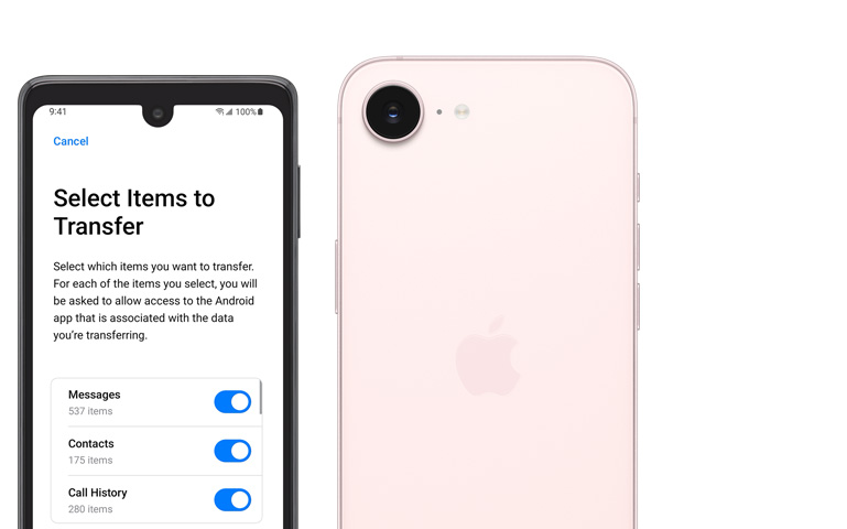 Side by side, Android screen showing Move to iOS App, iPhone 17e, back exterior, soft pink colour, Fusion camera