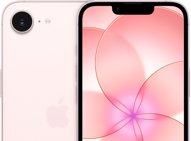 iPhone 17e, front exterior, soft pink colour, partial view of back exterior of iPhone 17e showing the camera