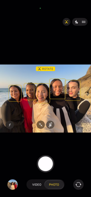 iPhone Air front screen showing group selfie in Centre Stage for photos feature