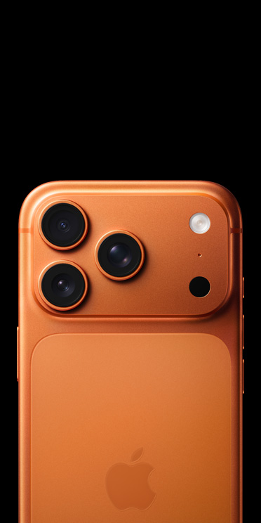 iPhone 17 Pro in cosmic orange finish, back exterior showcasing Pro Fusion camera system, LiDAR flash and microphone.