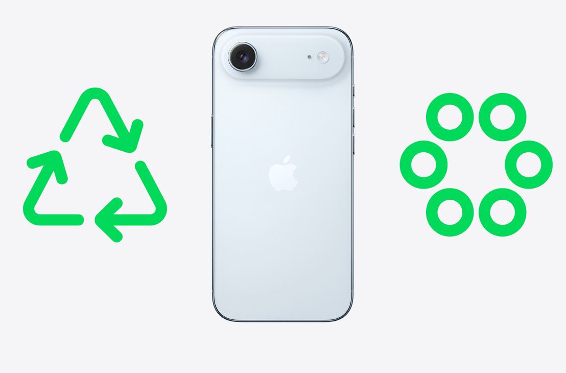 iPhone Air 뒷면, 재활용을 상징하는 초록색 아이콘, 소재를 상징하는 초록색 동그라미 아이콘