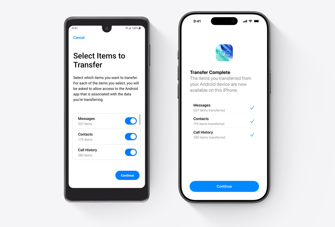 Side by side, Android screen showing Move to iOS app, iPhone screen showing Move to iOS app