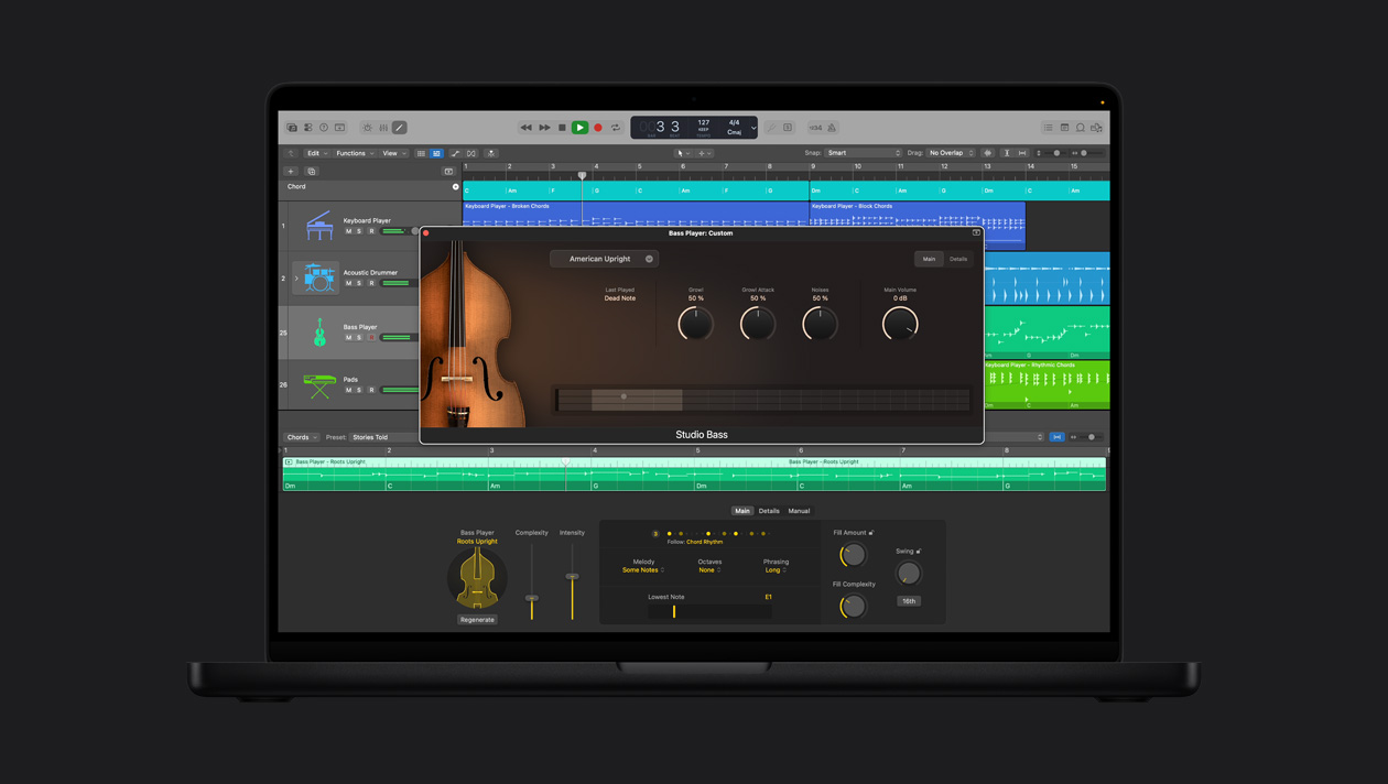 MacBook Pro 16″ screen showing Upright Bass Player, window is open with Studio Bass controls, to the left are rows for Keyboard Player, Acoustic Drummer, Bass Player, Pads, at the bottom is Bass Player Roots Upright controls