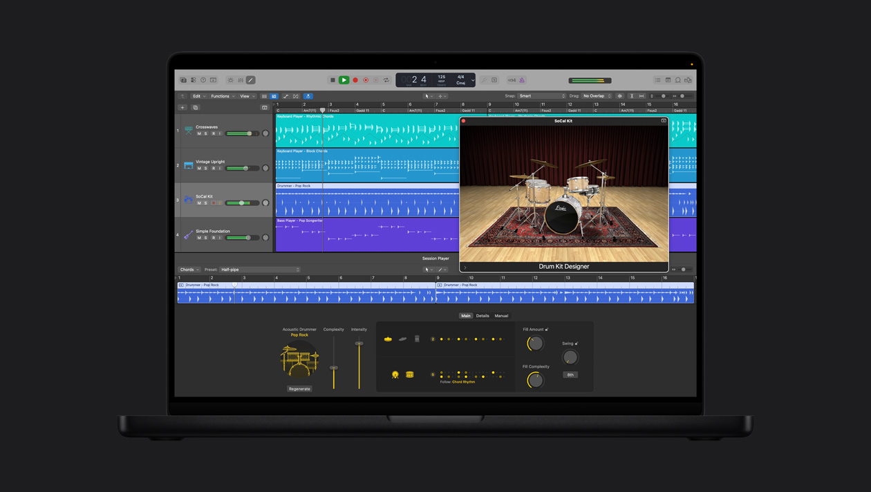 MacBook Pro 16″ screen showing Acoustic Drummer, SoCal Kit window is open with Drum Kit Designer, to the left are rows for Crosswaves, Vintage Upright, SoCal Kit, Simple Foundation, at the bottom is Acoustic Drummer Pop Rock controls