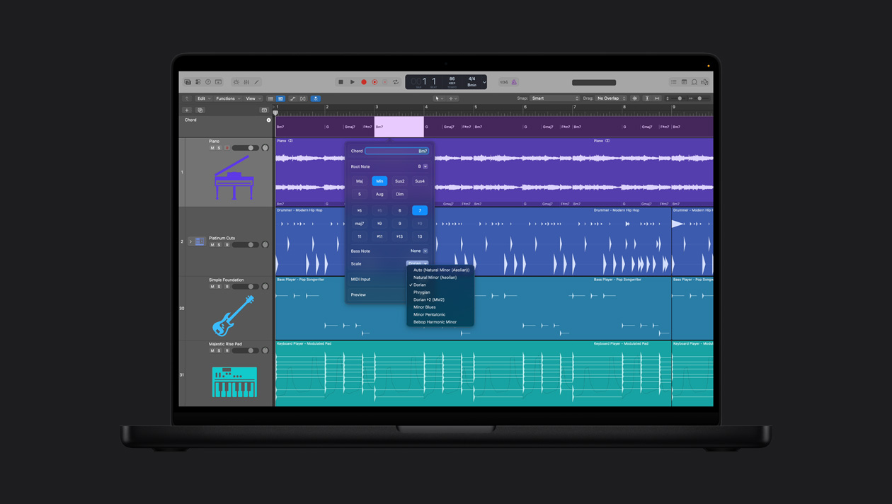 MacBook Pro 16″ screen showing Chord Track, Piano, Platinum Cuts, Simple Foundation, Majestic Rise Pad, Chord window adjustments