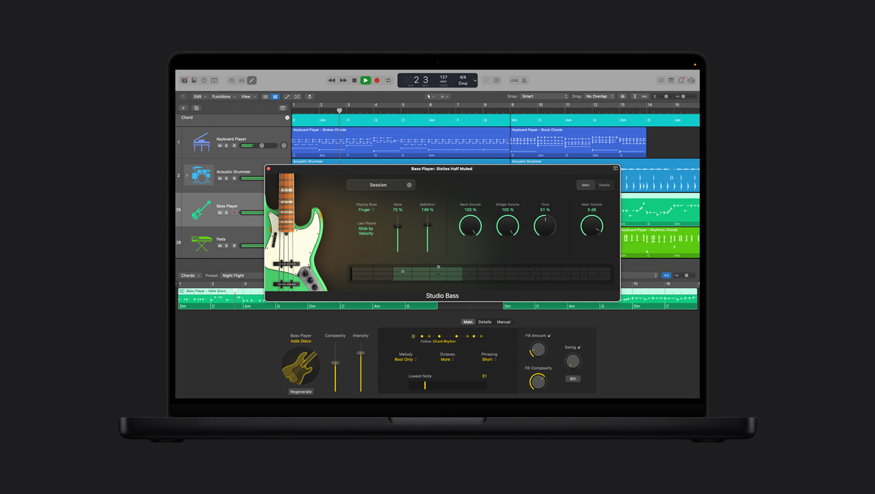 MacBook Pro 16″ screen showing Session Players, Studio Bass player sixties half muted and adjustments