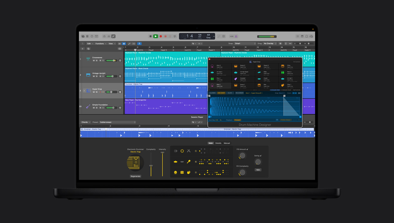 MacBook Pro 16″ screen showing Electronic Drummer, Hyper Drop window is open with Drum Kit Designer, to the left are rows for Crosswaves, Vintage Upright, Hyper Drop, Simple Foundation, at the bottom is Electronic Drummer Electro Trap controls