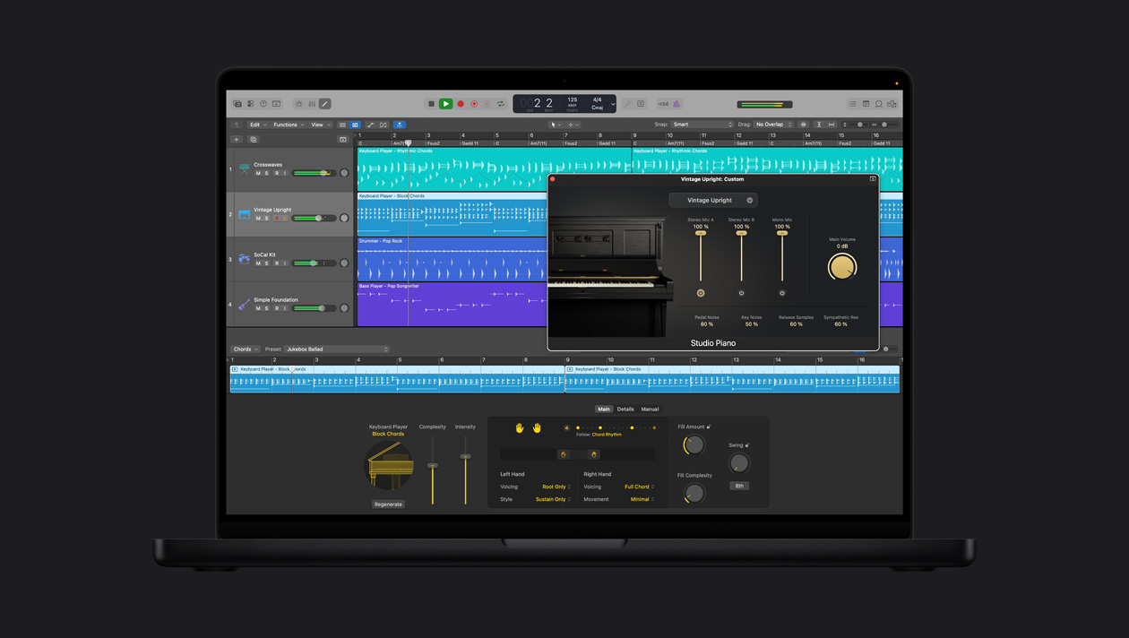 MacBook Pro 16″ screen showing Synth Player, Vintage Upright: Custom window is open with Studio Piano controls, to the left are rows for Crosswaves, Vintage Upright, SoCal Kit, Simple Foundation, at the bottom is Keyboard Player Rhythmic Chords controls