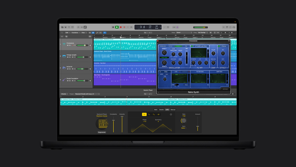 MacBook Pro 16″ screen showing Synth Player, Crosswaves window is open with control options, to the left is Vintage Upright, SoCal Kit, Simple Foundation, at the bottom is Keyboard Player Rhythmic Chords controls