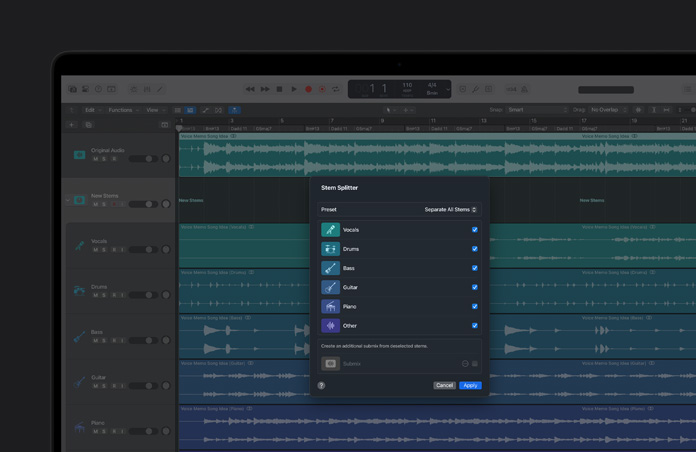 MacBook Pro 16″ screen showing module for Stem Splitter, stems for vocals, bass, guitar, drums, piano and others