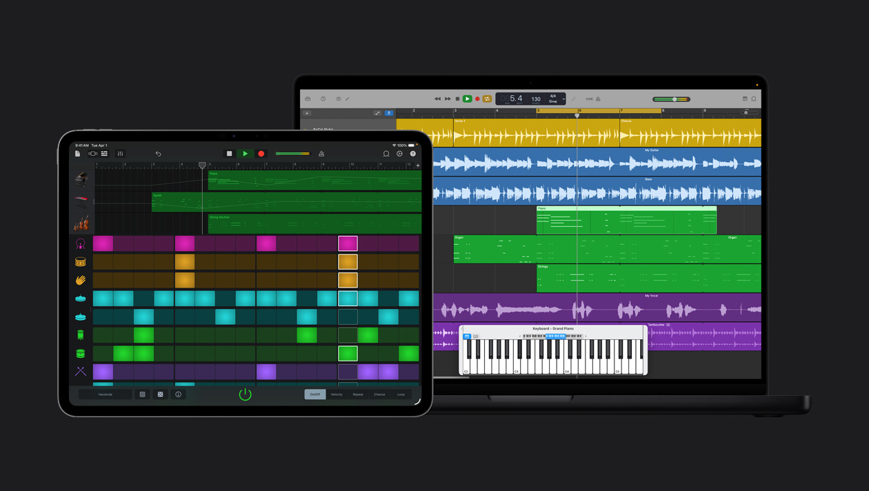 iPad Pro 13″ screen showing workspace with instruments panel on the left and corresponding colours and audio waves next to them, MacBook Pro 16″ screen showing rows for different instruments with different colour sound waves, grand piano keyboard at the bottom