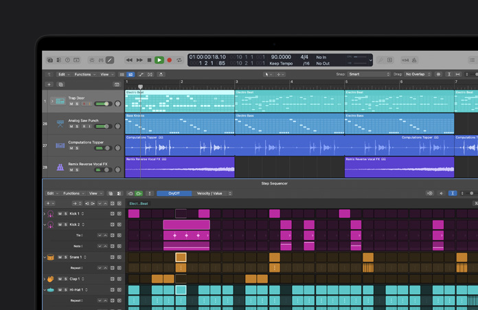 MacBook Pro 16″ screen showing step sequencer in use