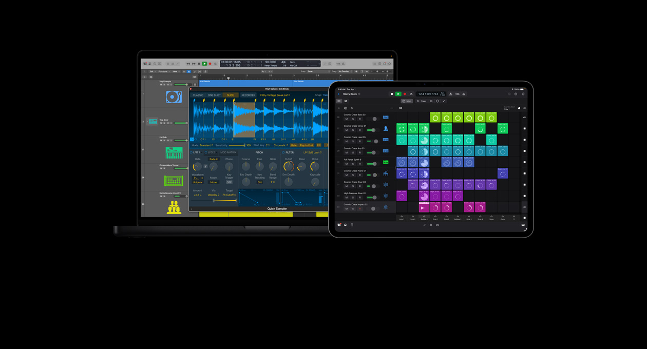 MacBook Pro 16″ screen showing quick sampler module, vinyl sample, audio wave forms and controls, iPad Pro 13″ screen showing beat-making tools, colourful grid of live loops and phrases