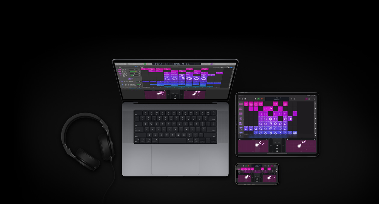 MacBook Pro 16″, iPad Pro 13″, iPhone 16 screens show Logic Pro mixing board with purple and pink squares representing different audio layers and sounds, headphones to the left of devices