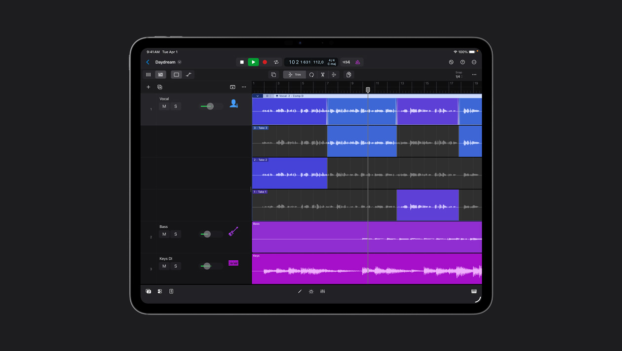 iPad Pro 13″ screen showing workspace with rows of different sound waves, instruments list to the left, record button at the top of the screen