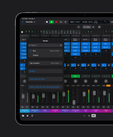 iPad Pro 13″ screen showing Mixing workspace with sound wave layers and various dials and settings at the bottom