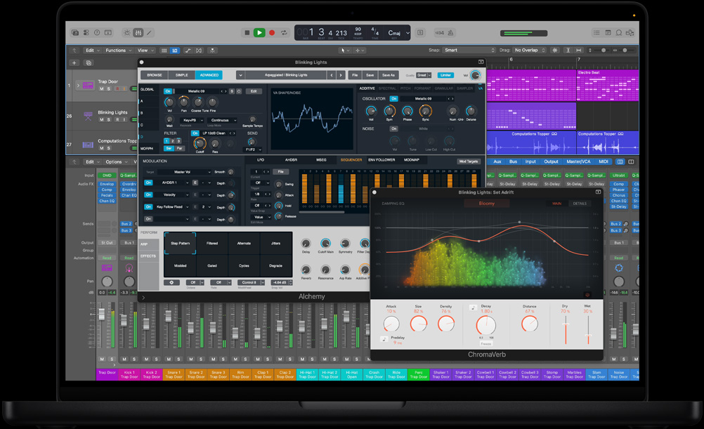 MacBook Pro 16″, Logic Pro mixing board with module for arpeggiation controls