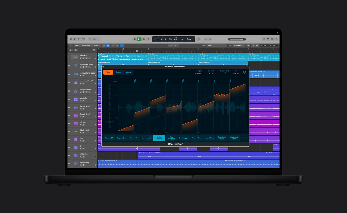 MacBook Pro 16″ screen showing Beat Breaker, Anastacia: Beat Repeater window, Time audio waves with adjustments and selections