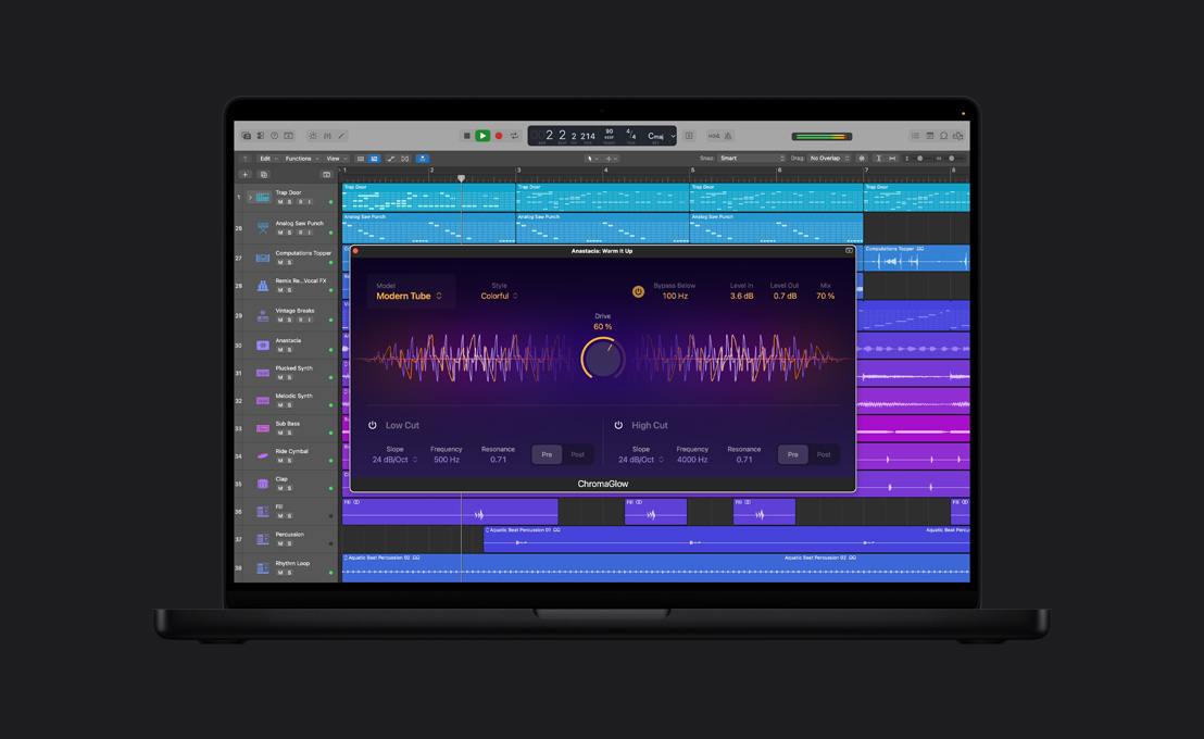 MacBook Pro 16″ screen showing ChromaGlow, Anastacia: Warm It Up window, model, style, bypass below, level in, level out and mix settings