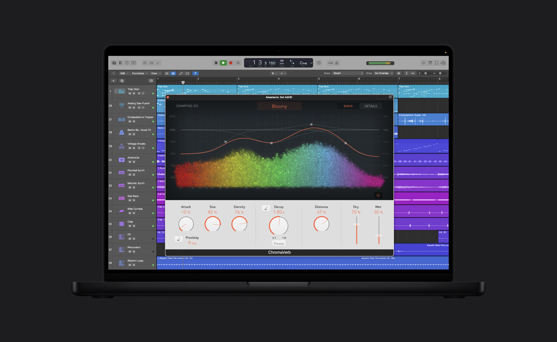 MacBook Pro 16″ screen showing ChromaVerb, Anastacia: Set Adrift window, rainbow sound waves on graph, adjustment dials at the bottom