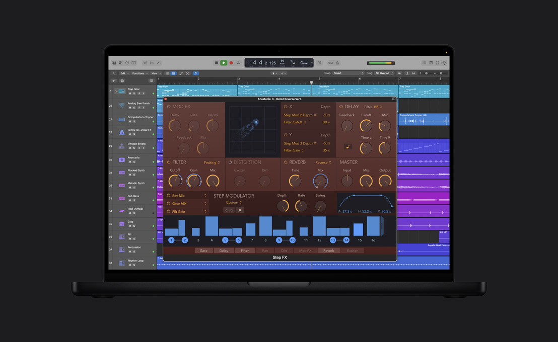 MacBook Pro 16″ screen showing Step FX, Anastacia: 3 - Gated Reverse Verb window, mod effects, delay, filter, distortion, reverb and master dials, blue graph at the bottom