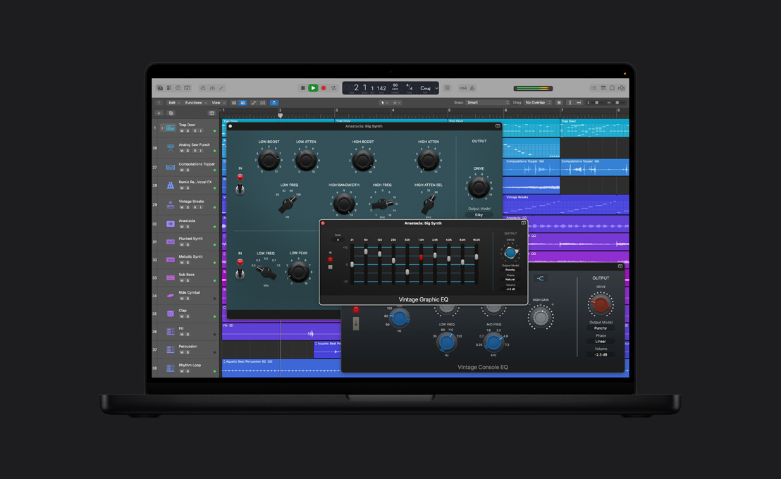 MacBook Pro 16″ screen showing Vintage EQ, Anastacia: Big Synth window, dials adjusted to different numbers, output dials on the right